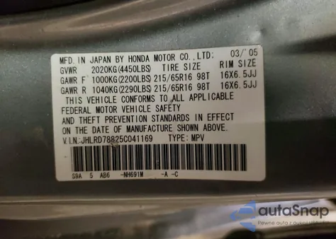 2005 Honda Cr-V Ex z USA, uszkodzony, nr VIN JHLRD78825C041169